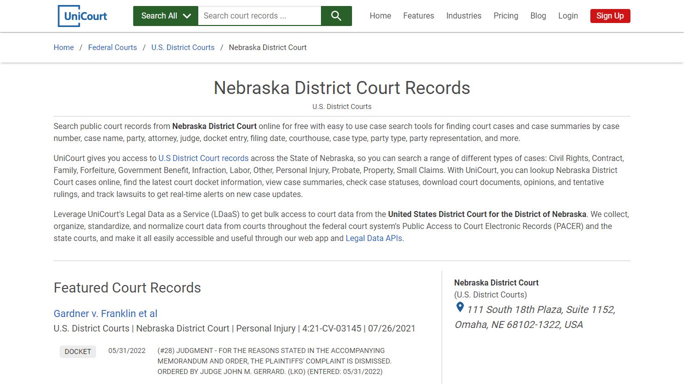 Nebraska District Court Records | PACER Case Search | UniCourt